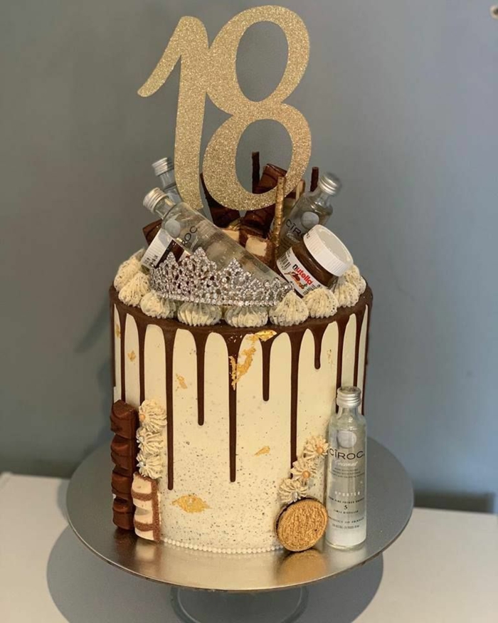 one tier cake, mini vodka bottles and nutella jars on top, 18th birthday ideas for girls, gold glitter number 18 cake topper