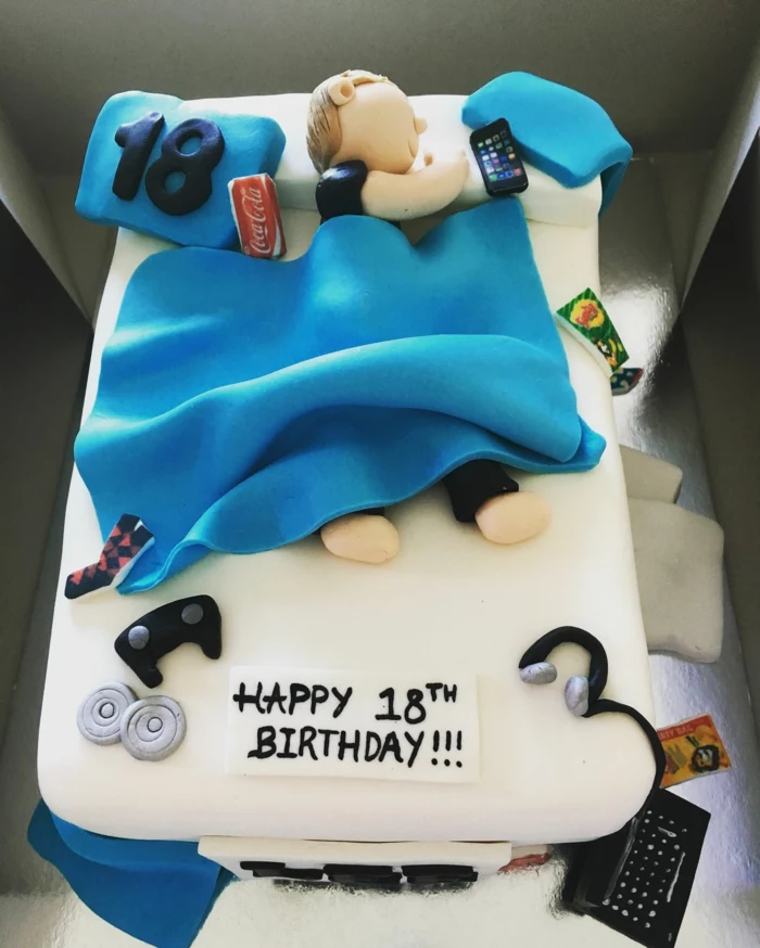 one tier cake, decorated with figurine of man in bed, birthday party themes, covered with white fondant