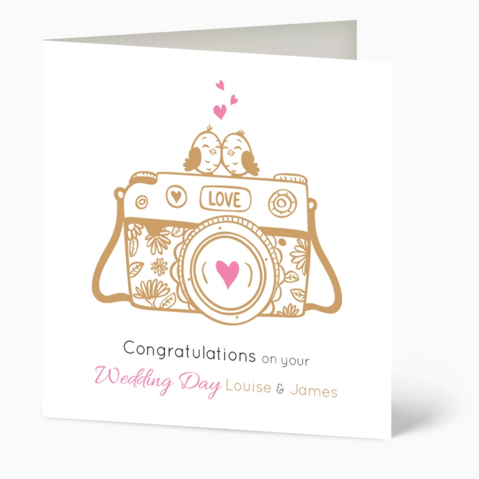 photo camera drawn on white card stock, what to say in a wedding card, personalised wedding card