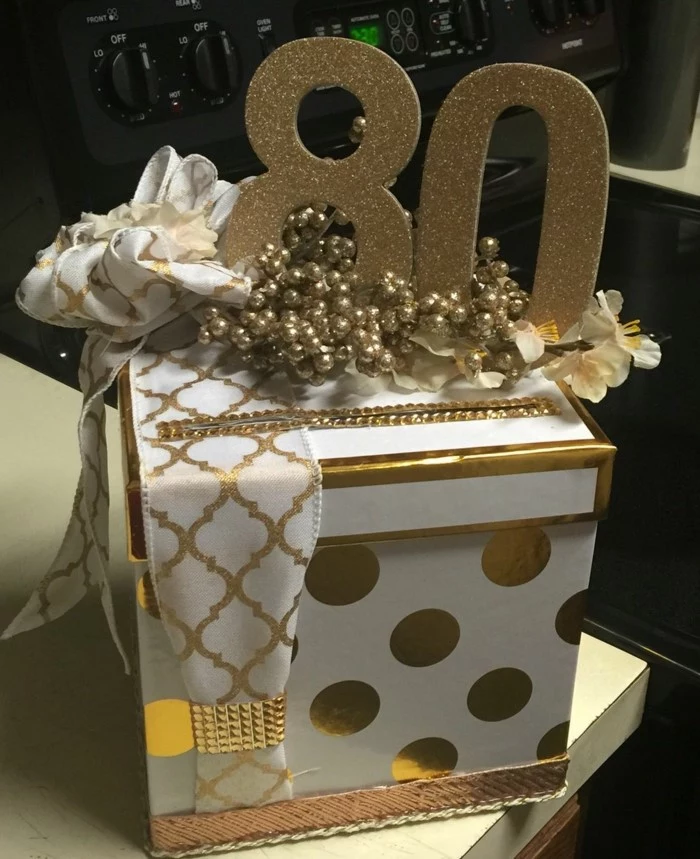 card and money box, white with gold decorations on it, 80th birthday party ideas, gold glitter number 80 on top