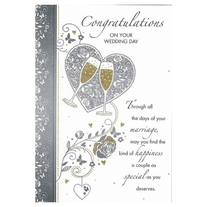 personalised wedding card, hearts and flowers at the front, wedding card wishes, gold glitter champagne glasses