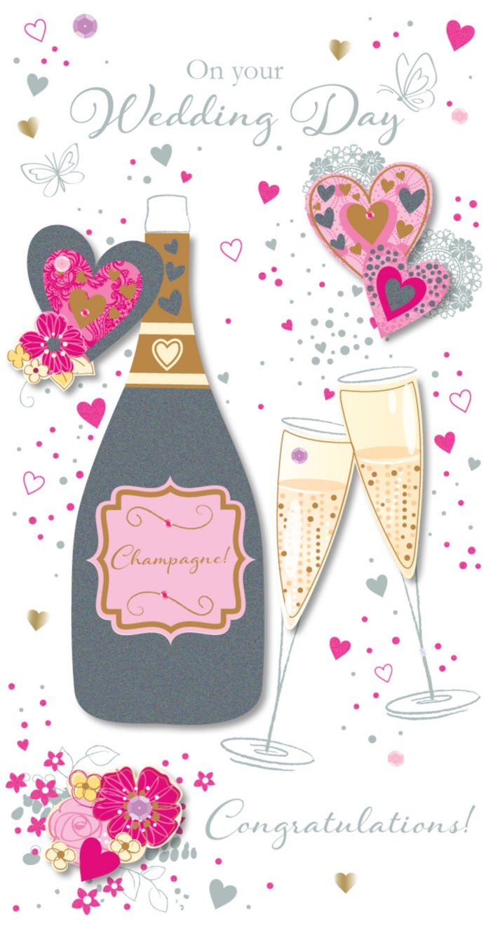 champagne bottle and glasses at the front, wedding card wishes, white card stock