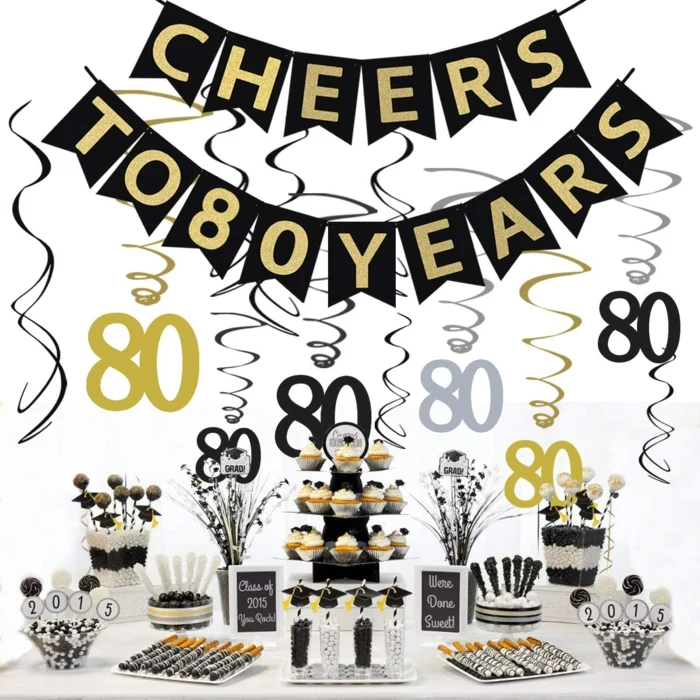 cheers to 80 years, black banner with gold letters, 80th birthday decorations, hanging over desserts table