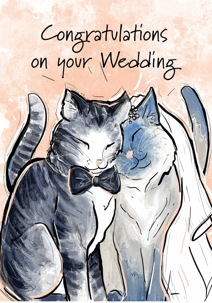 congratulations on your wedding, two cats next to each other, what to write in a wedding card, hand painted card