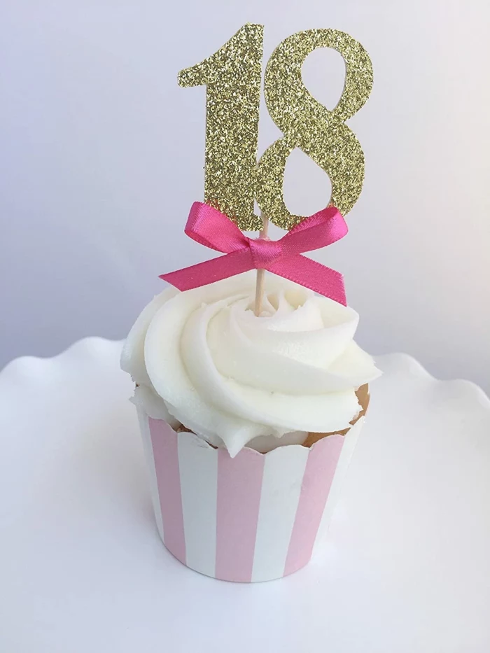 mini cupcake, number 18 gold glitter cupcake topper, birthday party themes, pink ribbon