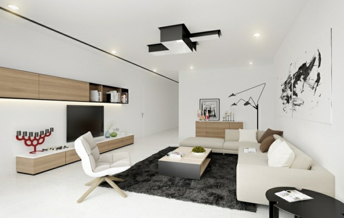 white floor with black carpet, living room setup ideas, white corner sofa, wooden cabinets