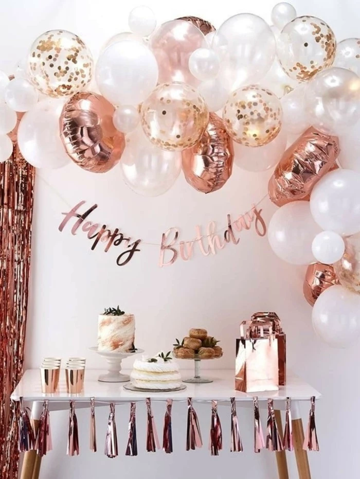 rose gold decor, white and rose gold ballons, hanging over dessert table, 18th birthday ideas, happy birthday banner