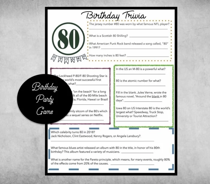 birthday trivia, 80th birthday party, idea for a party game, trivia questions for guests to fill in