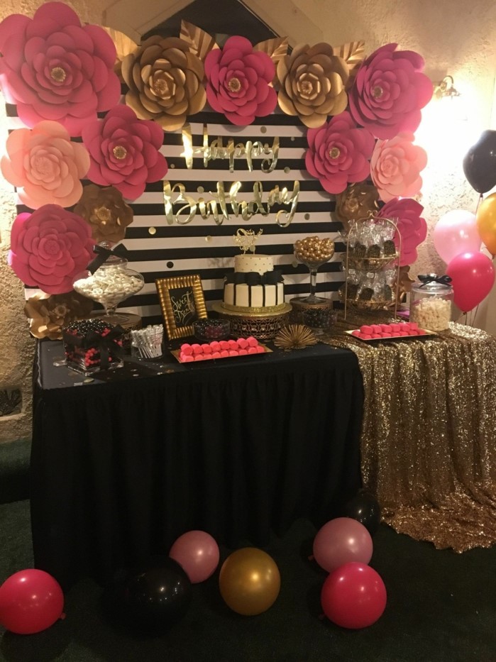 black and white backdrop, pink and gold paper flowers, 18th birthday gifts, desserts table with gold table cloth