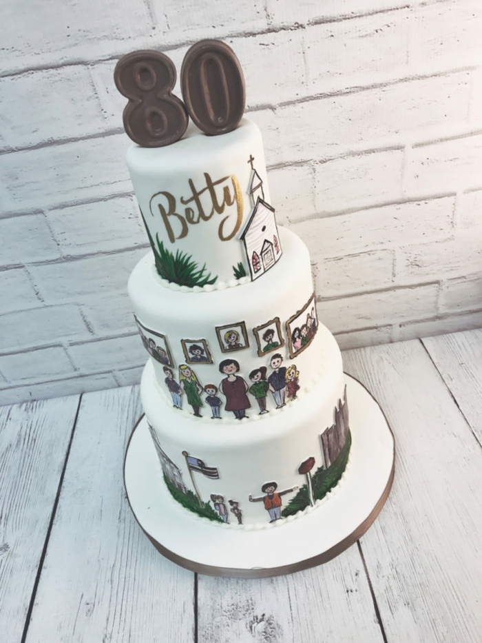 three tier cake, covered with white fondant, 80th birthday ideas, decorations of family members on it
