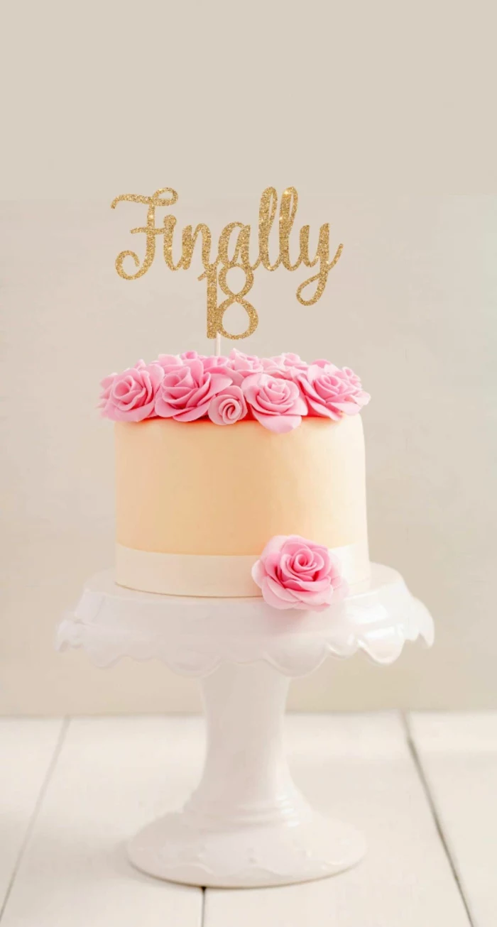 finally 18 gold glitter cake topper, 18th birthday gift ideas, one tier cake, decorated with pink buttercream roses