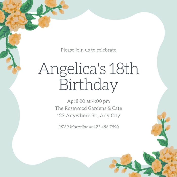 angelica's 18th birthday, birthday party invitation, things to do for 18th birthday, blue with orange flowers