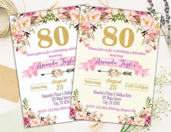 80th birthday, party invitations, white with floral decorations on them, pink and purple letters