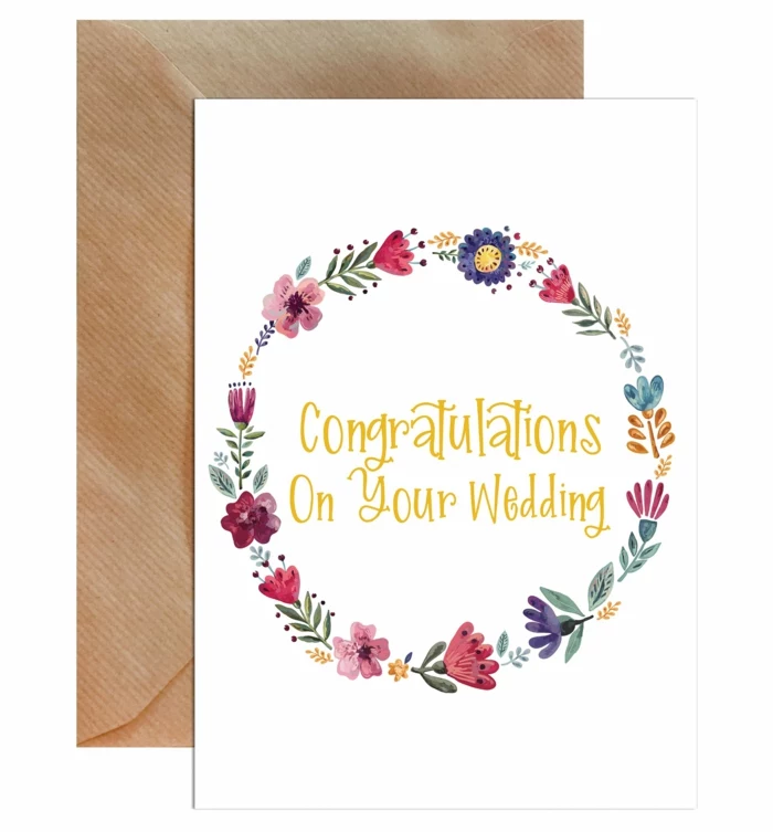 congratulations on your wedding, white card stock, floral wreath drawn on it, minimalistic card
