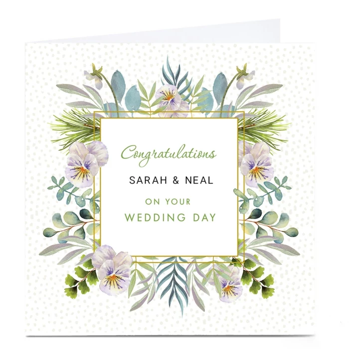 personalised wedding card, congratulations on your wedding, floral print at the front in blue and green
