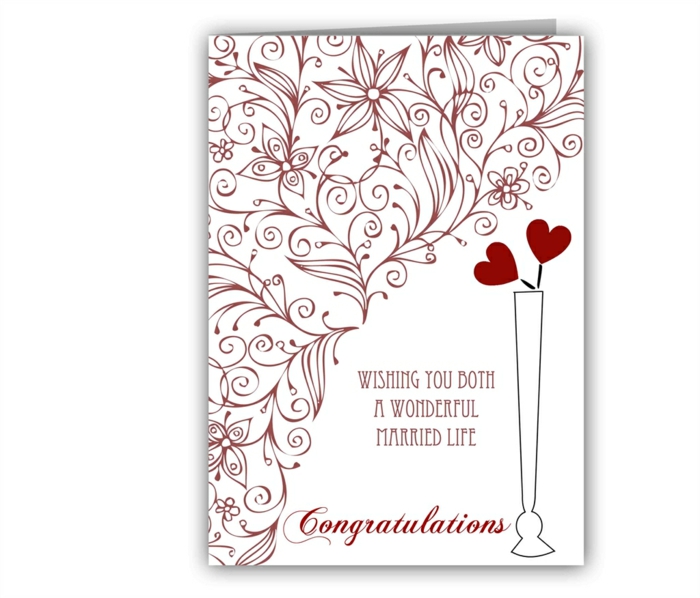 red floral pattern on white card stock, wedding congratulations message, drawing of a vase with two hearts