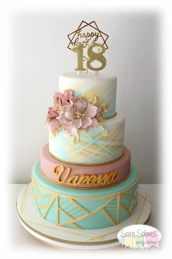 four tier cake, covered with pink and blue fondant, 18th birthday gift ideas, decorated with pink flowers