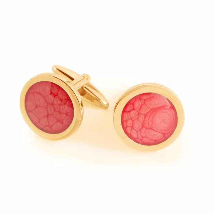 gold and coral cufflinks, white background, anniversary gift for husband