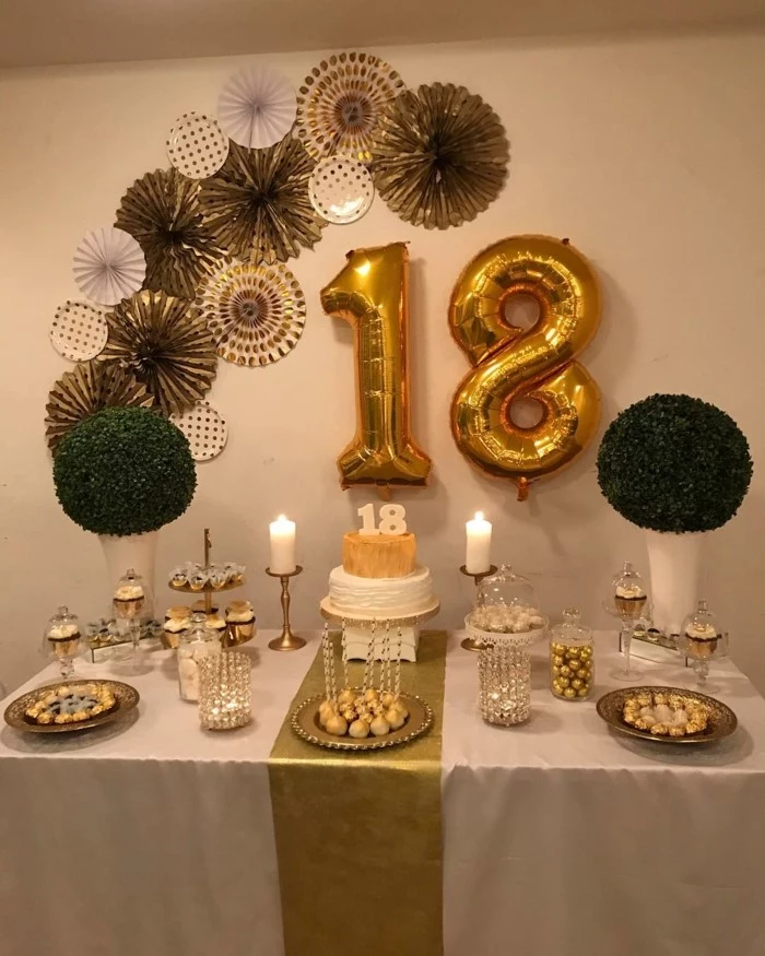 gold number 18 balloons, paper flowers on white wall, 18th birthday ideas for girls, desserts table with gold table runner