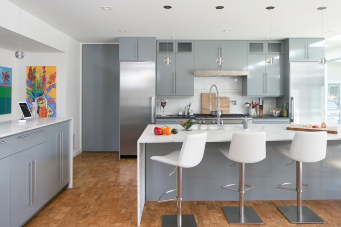 grey cabinets with white countertops, mid century modern tile, white subway tiles backsplash