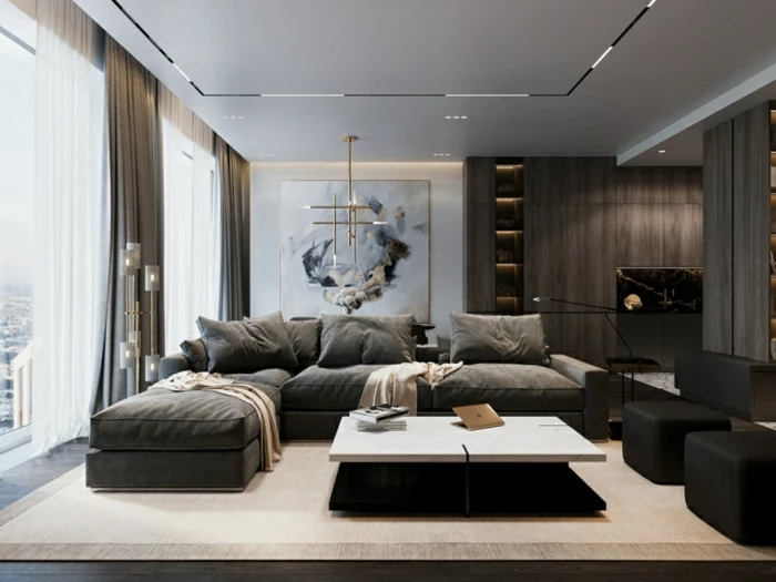 modern living room sets, large grey corner sofa, black ottomans, white coffee table, dark wooden floor with white carpet