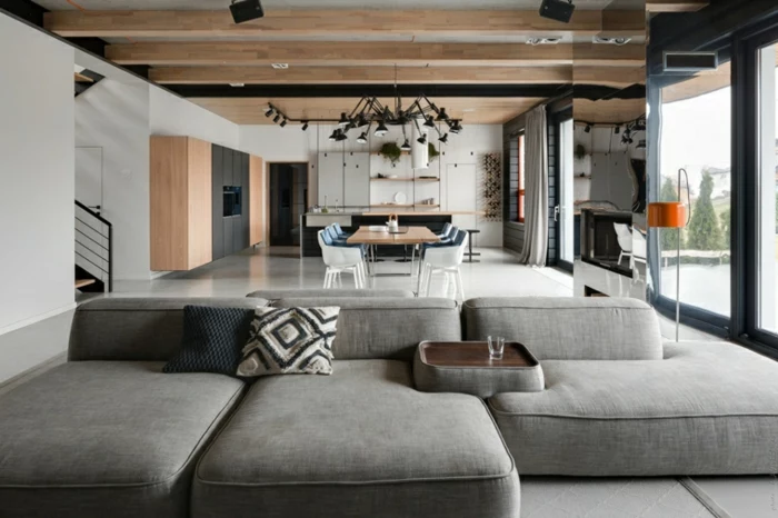 grey corner sofa, modern living room sets, open plan space with kitchen, living room and dining room