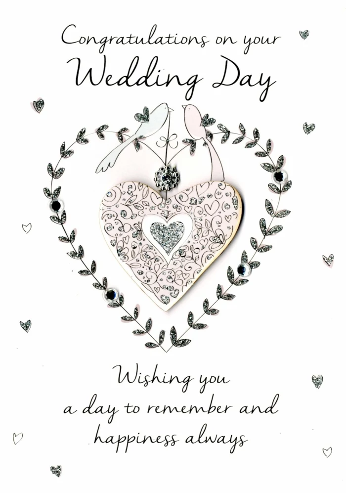 white card stock, wedding congratulations message, drawings of cards and love birds at the front