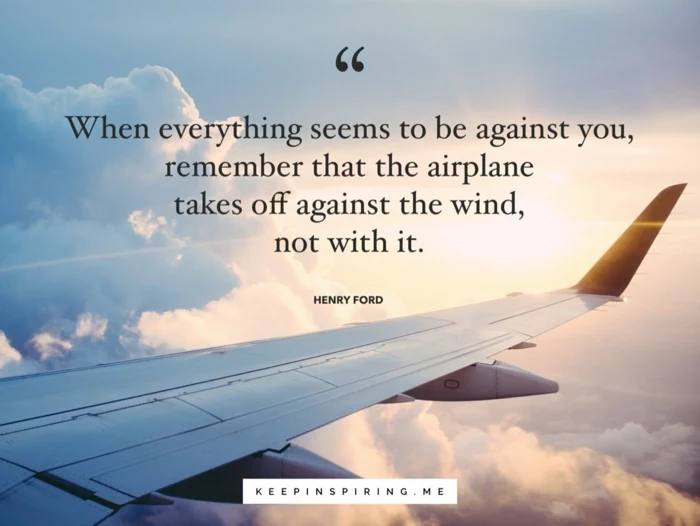 henry ford quote, background photo of plane's wing, flying over the clouds, strength motivational quotes
