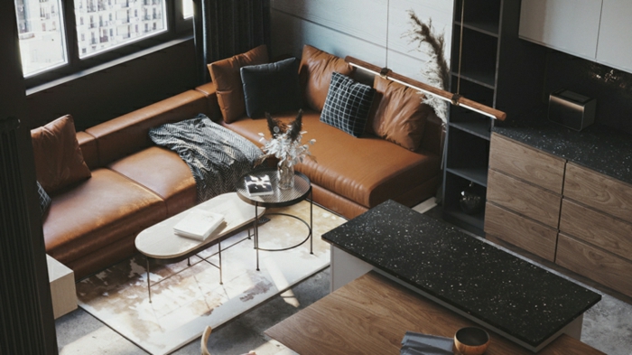 brown leather corner sofa, small black and white coffee tables, family room decorating ideas, kitchen island