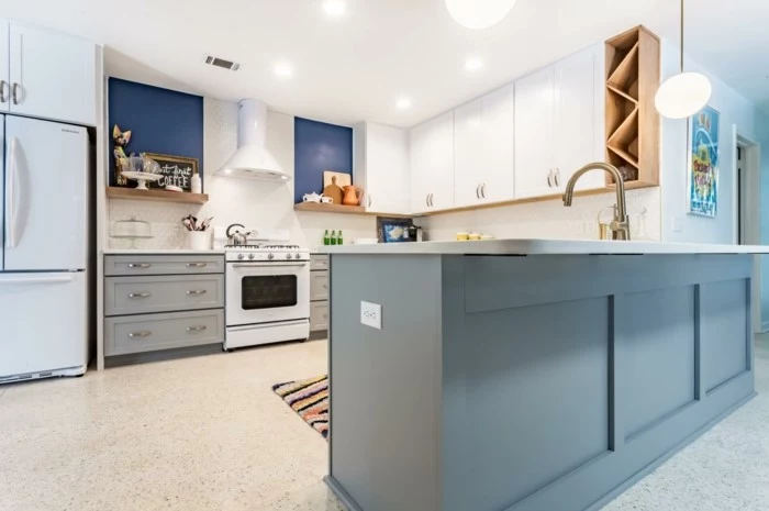grey and white cabinets, white countertops, modular kitchen cabinets, blue and white backsplash