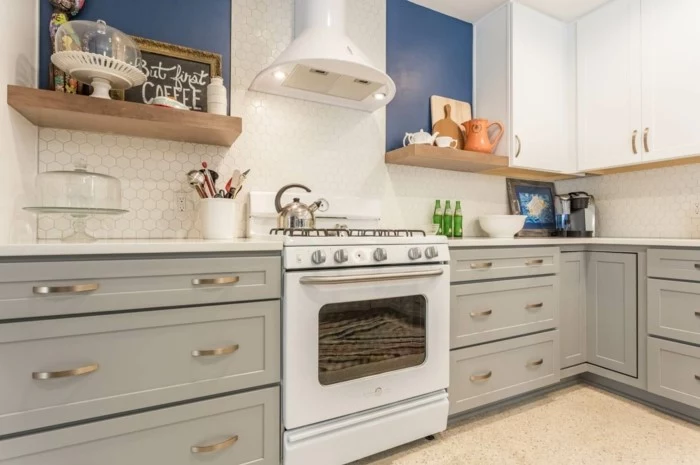 open shelving, grey cabinets with white countertops, modular kitchen cabinets, white tiles backsplash