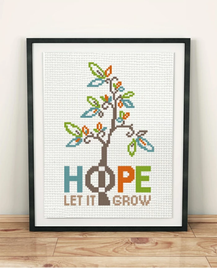 hope let it grow, framed poster with a blossoming tree, strength positive quotes, leaning on white wall