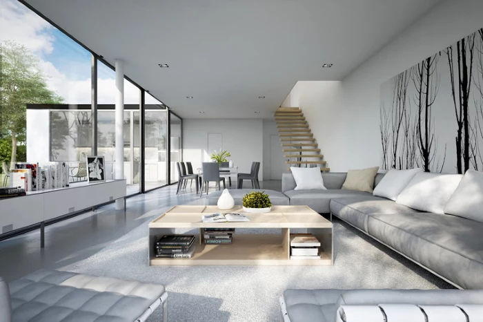 tall windows, formal living room ideas, large grey corner sofa, wooden coffee table, grey floor