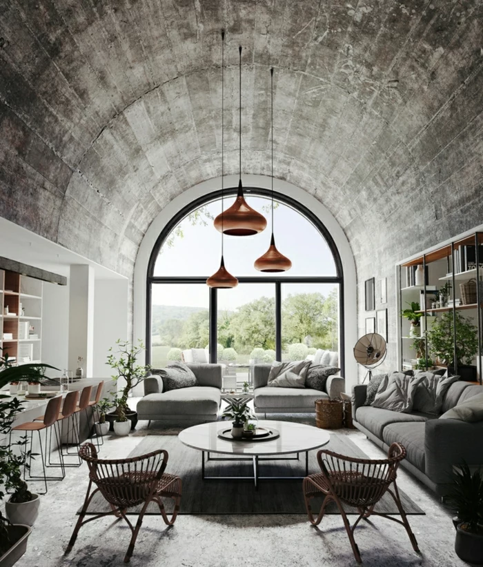 tall windows, grey sofas, wooden armchairs, round coffee table, formal living room ideas