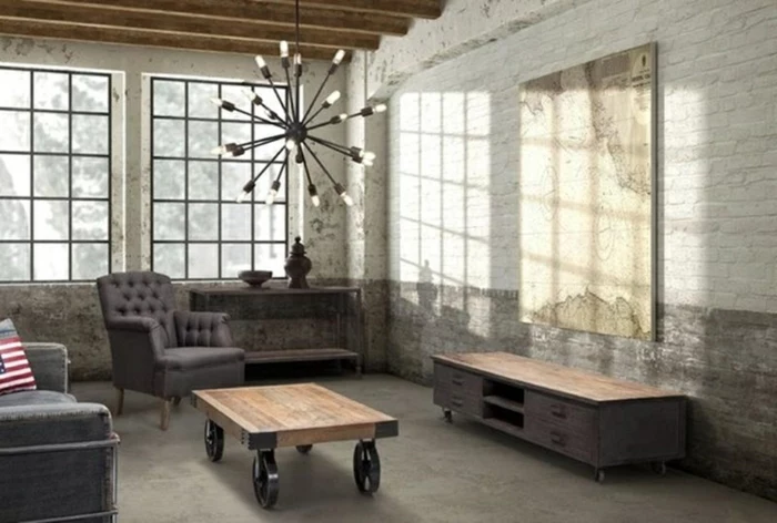 white brick wall, industrial style apartment, modern living room decor ideas, grey sofa an armchair, wooden coffee table