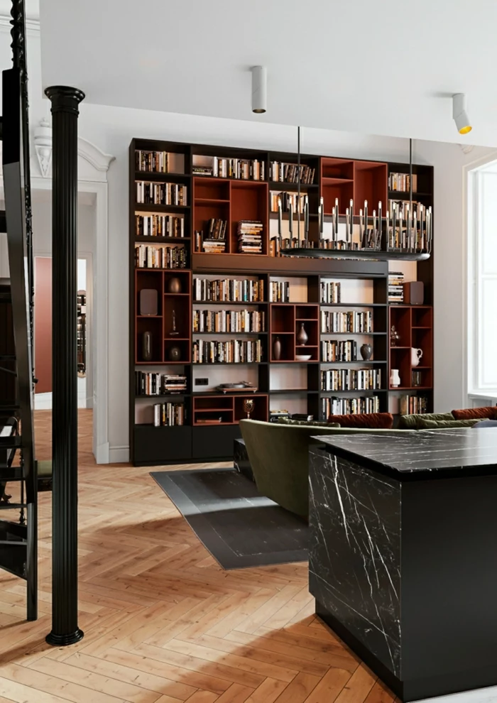 large bookshelf, formal living room ideas, marble kitchen island, wooden floor with black carpet