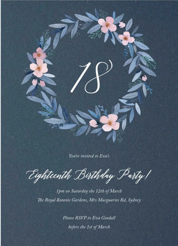 birthday party invitations, blue with floral motifs, 18th birthday gift ideas