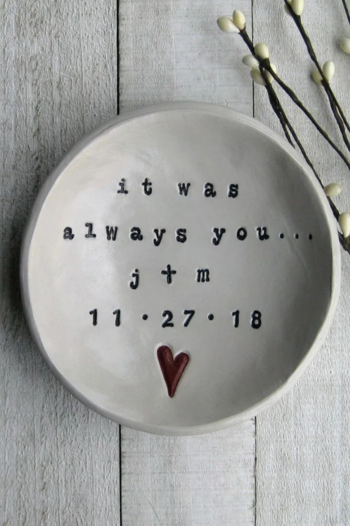 it was always you, personalised white plate, 25th anniversary gifts, placed on white wooden surface