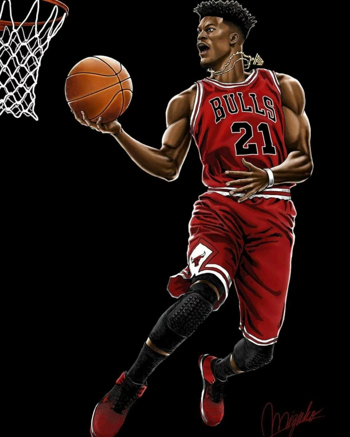 jimmy butler, wearing chicago bulls uniform, cool basketball backgrounds, holding the ball, black background