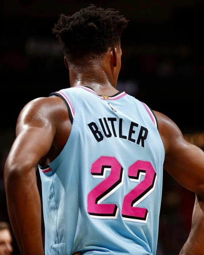 jimmy butler, wearing miami heat uniform, inspired by miami vice, cool basketball backgrounds