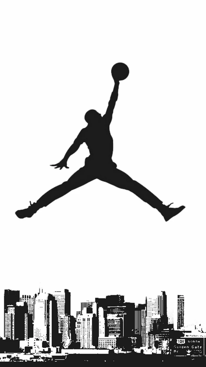 jumpman 23, air jordan logo, cool basketball pictures, white background, city skyline on the bottom