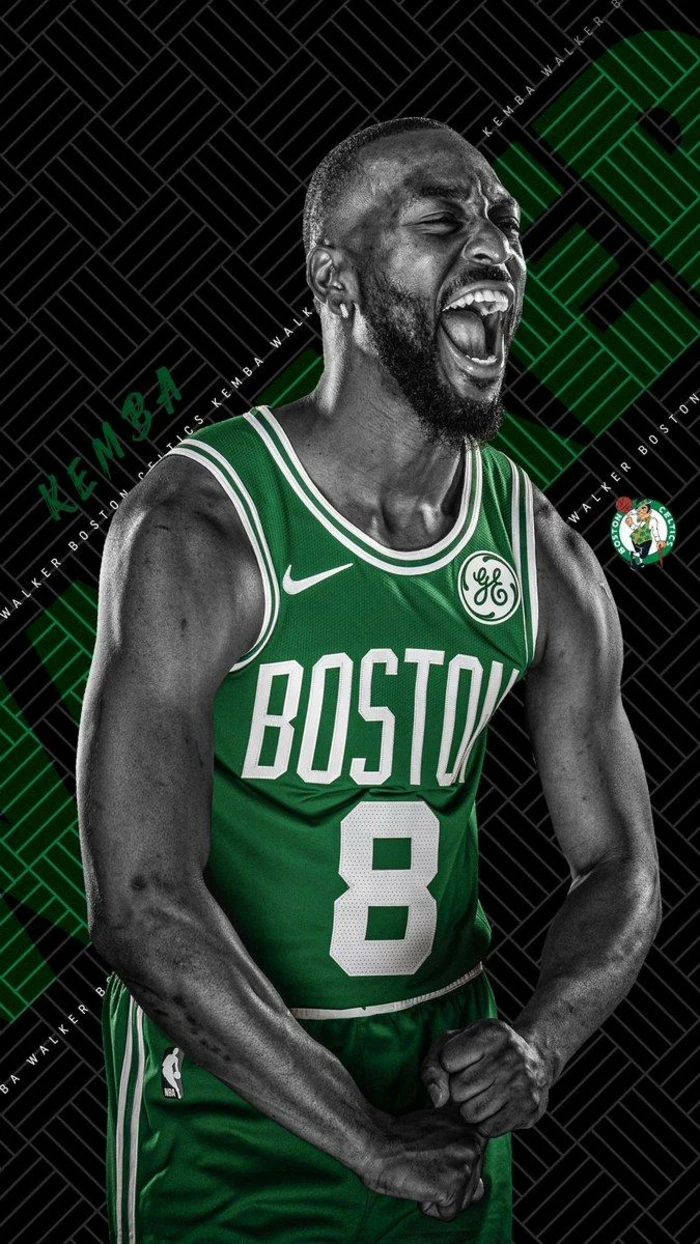 kemba walker, wearing boston celtics uniform, cool basketball pictures, black and green background