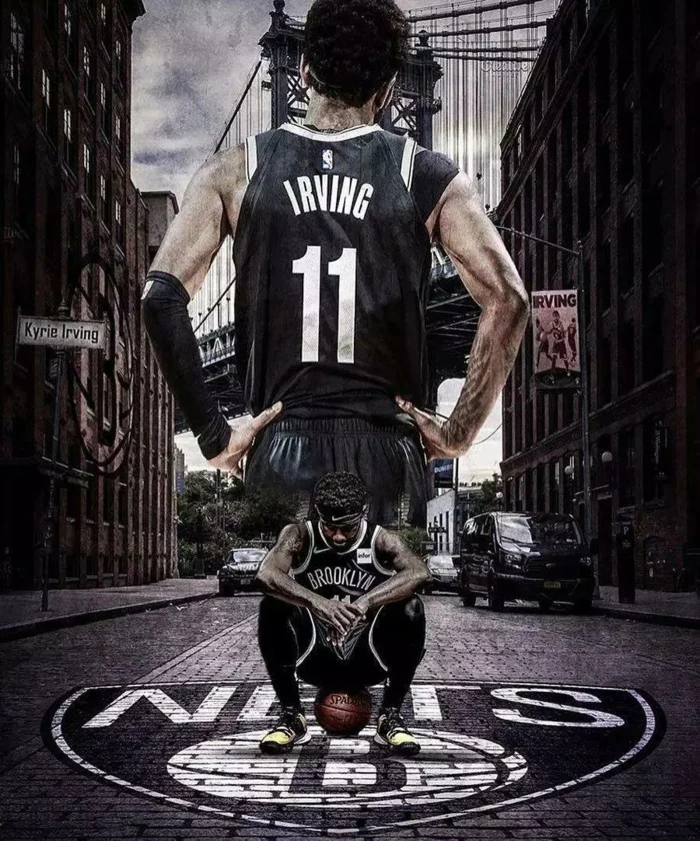 kyrie irving, wearing brooklyn nets uniform, pictures of basketball players, photo edit, brooklyn bridge in the background