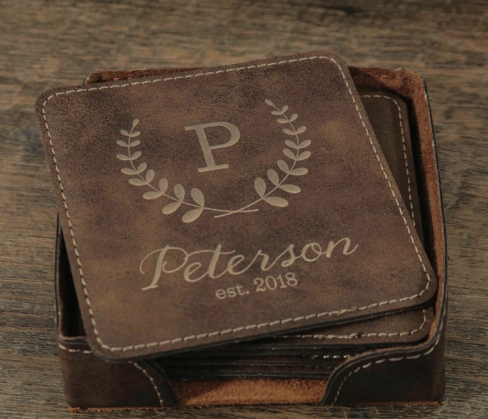 personalised leather coasters, 50th anniversary gifts, made from brown leather, peterson family