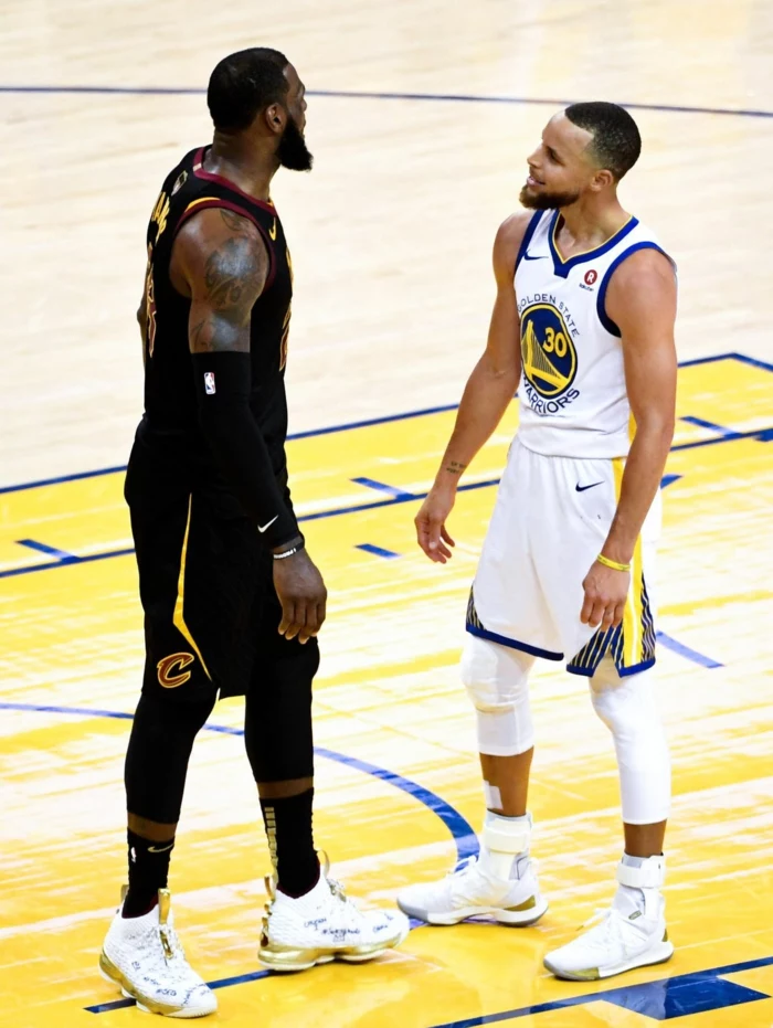 stephen curry against lebron james, arguing on the court, cleveland cavaliers vs golden state warriors, wallpaper basketball