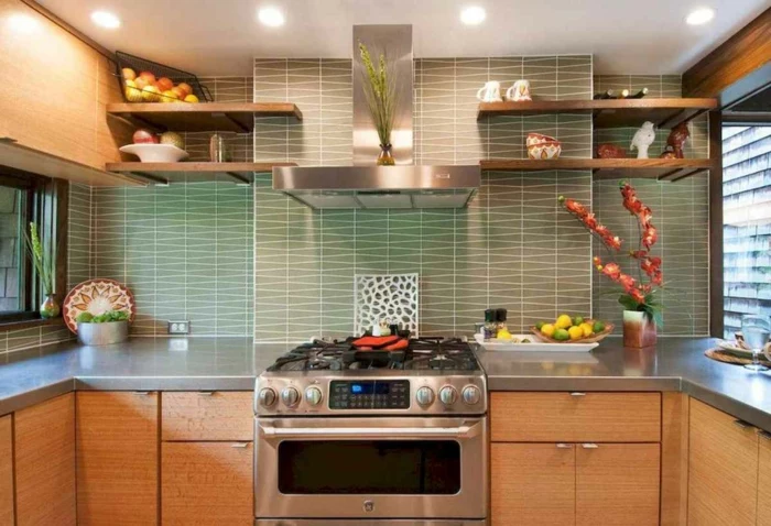 light grey tiles backsplash, modern kitchen cabinets colors, wooden cabinets with grey countertops, open shelving