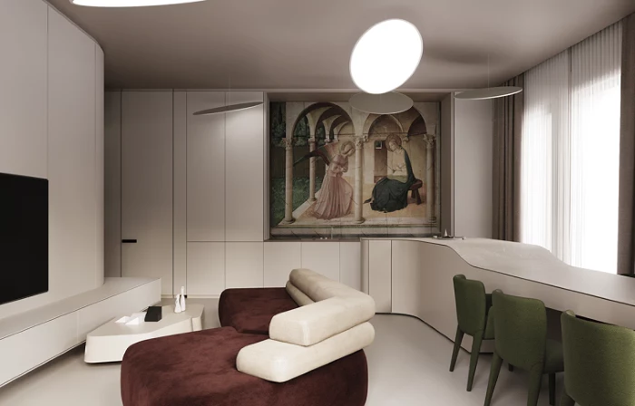 white walls with artwork on them, home decor ideas for living room, dark burgundy velvet sofa, green chairs