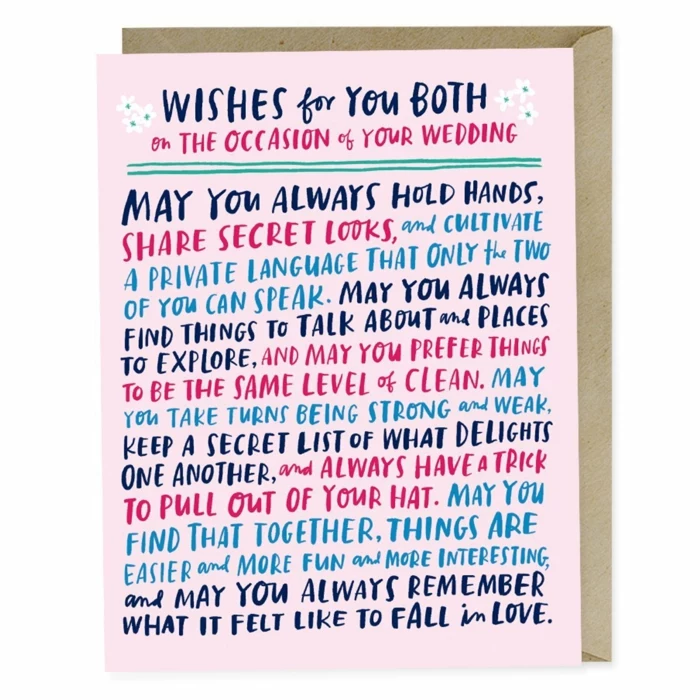 wedding wishes for a friend, long wish written on white card stock, blue and pink letters