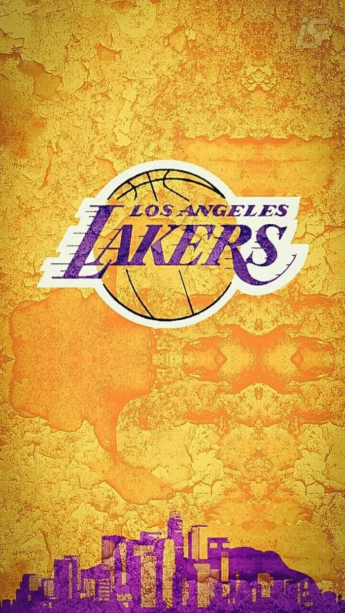 purple and gold poster, los angeles lakers logo, best basketball wallpapers, city skyline on the bottom