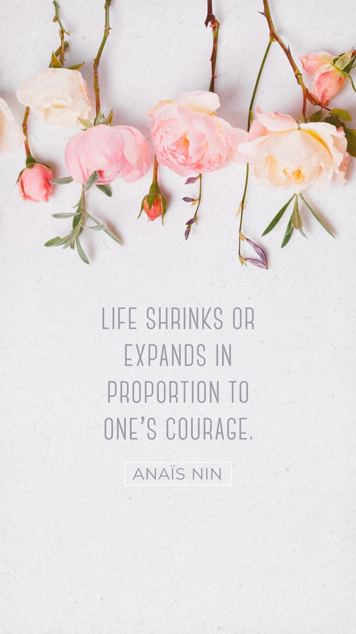 anais nin quote, written with grey letters, white background with flowers, hope inspirational quotes